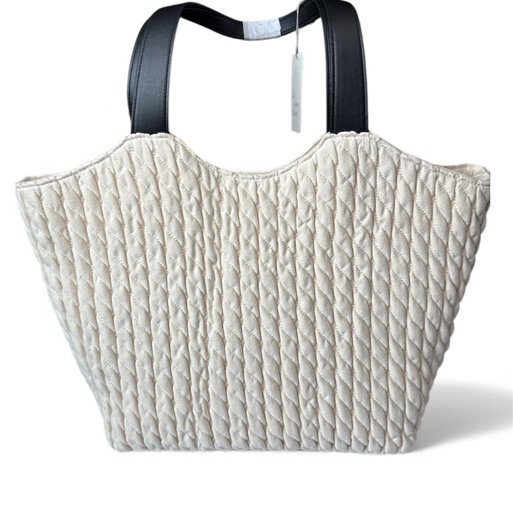 A New Day Cream Quilted Tote with Black Handles